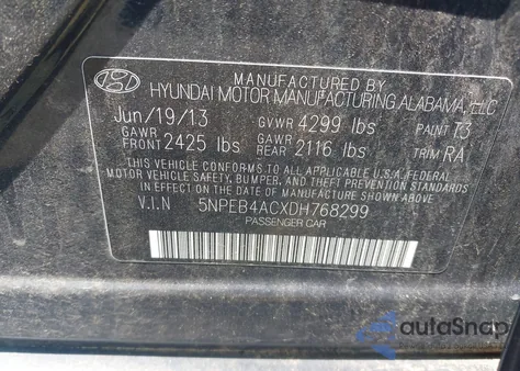 2013 Hyundai Sonata Gls z USA, uszkodzony, nr VIN 5NPEB4ACXDH768299